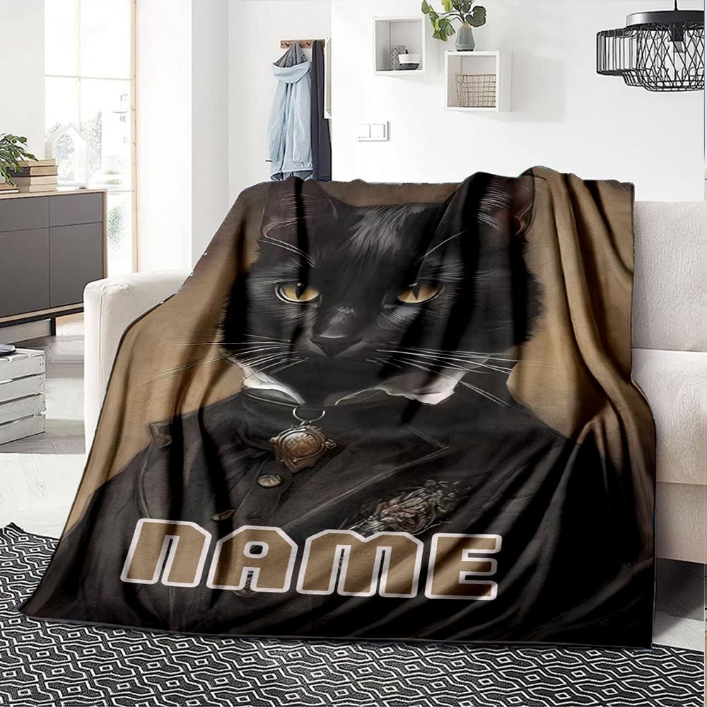 Elegant Black Cat In Formal Attire Throw Personalized Blanket Personalized Text Ultrasoft Throw For Sofa Couch Office Bed Picnics Ideal For All