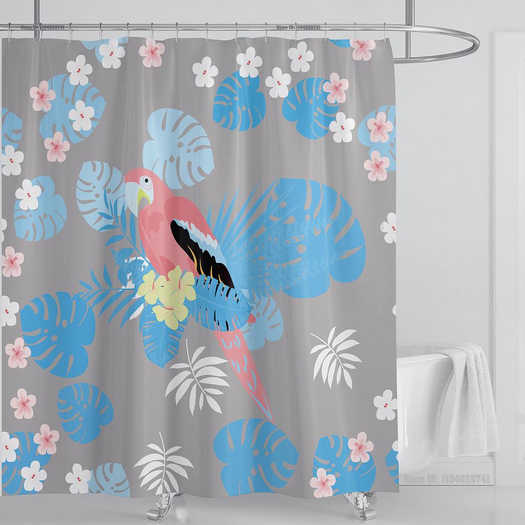 Bohemian Shower Curtain Tropical Jungle Wildlife Bathroom Set Modern Pink Aesthetic Parrot Floral Bathroom Curtain With Hooks
