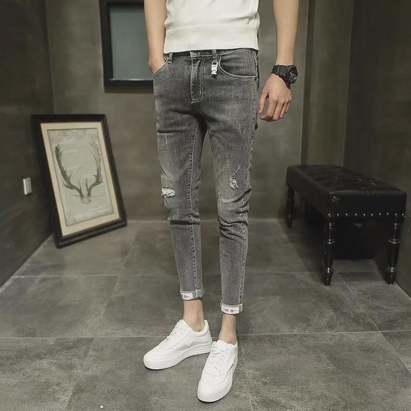 Men's Trendy Ripped Skinny Jeans - Spring Korean Style, Slim Fit, Nine-Point Length