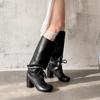 7.5CM fashionable wide tube strap high heel boots knight boots Korean version versatile round head thick heel but knee high boots