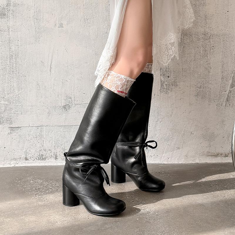 7.5CM fashionable wide tube strap high heel boots knight boots Korean version versatile round head thick heel but knee high boots