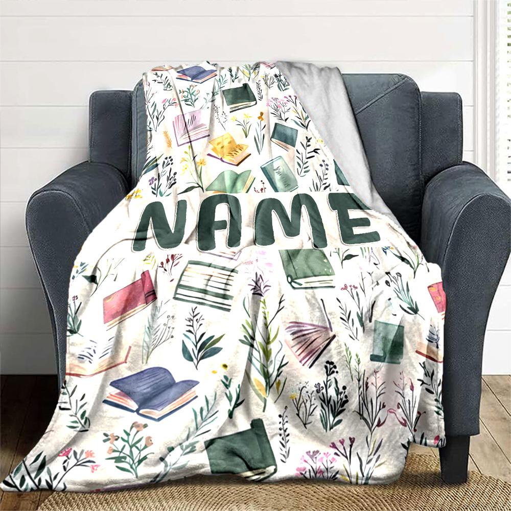 Books And Flowers Pattern With The Word In The Center Multipurpose Customizable Blanket Customize Text Durable Comfort Suitable For Sofa Couch Office