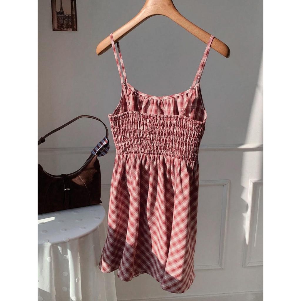 Neues Frisches Karriertes Träger-Sonnenkleid Für Damen Lässiges Sommerkleid Europa Und Amerika Crossbody-Stil