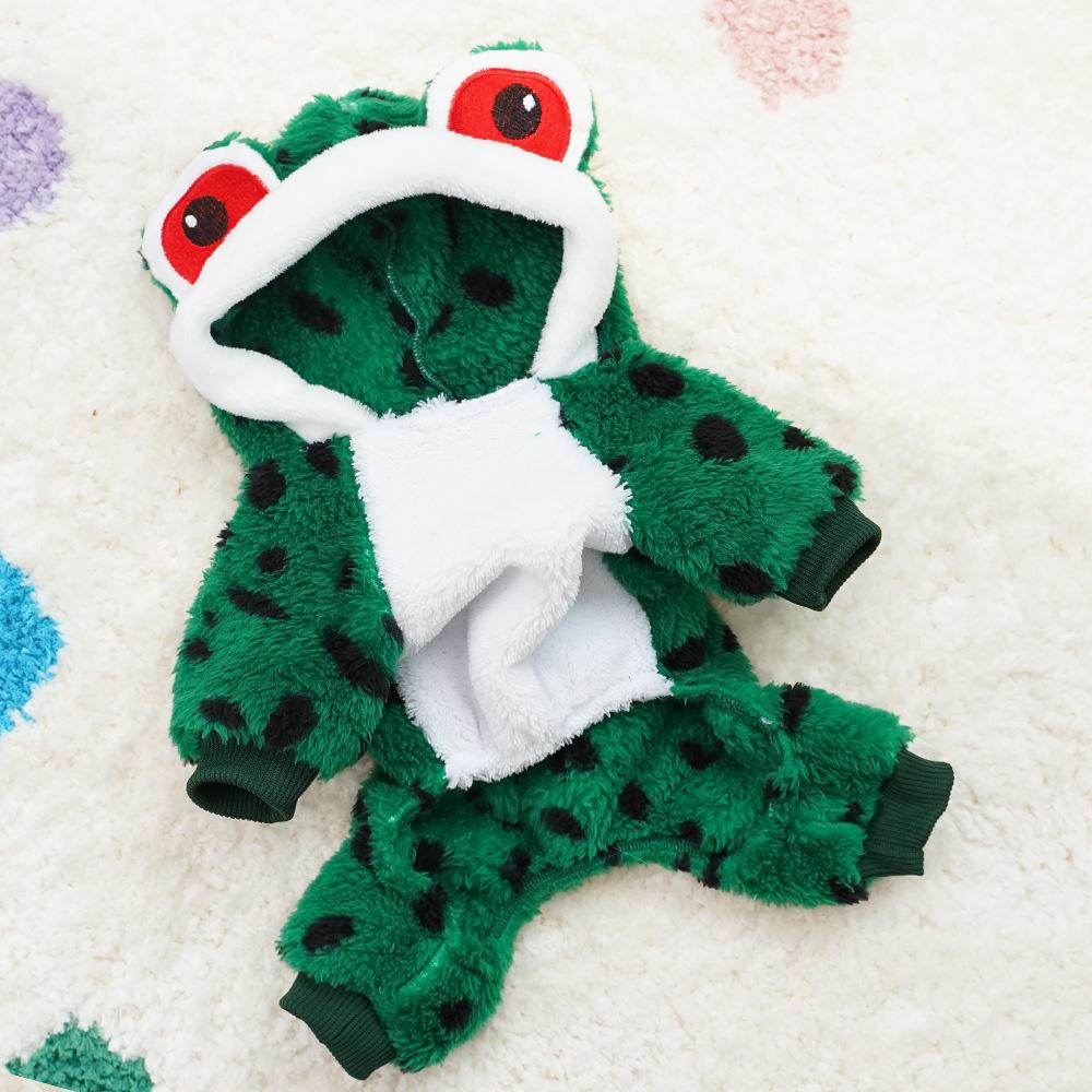 Autumn Winter Warm Frog Costume 4-Legged Pet Onesie for Small Dogs - Fluffy Warm Puppy Hooded Clothing (Cute Animal Style)