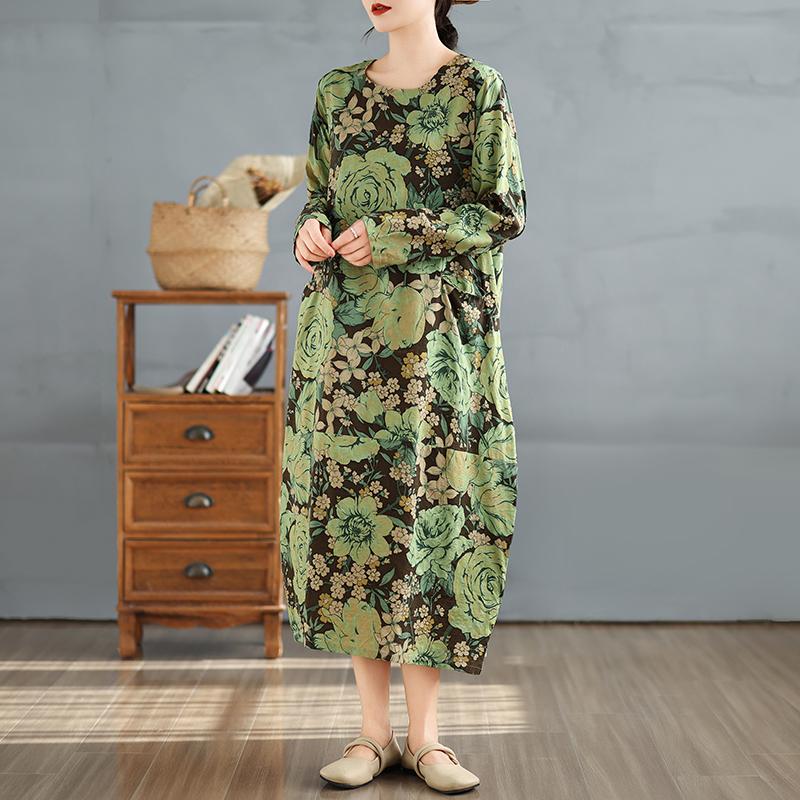

Dimanaf 2025 Женское Длинное Платье Большого Размера Весна Свободный О-Образный Вырез Длинный Рукав Базовый Винтаж Повседневный Макси Цветочный Оверсайз One Size зелёный