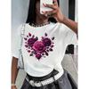 European Sizes Purple Rose Print Casual Short-Sleeve Round Neck Top for Women, Suitable for Spring And Summer.