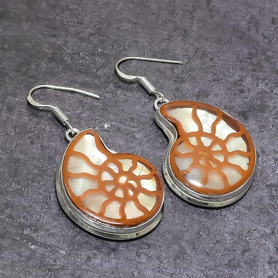 Ammonite Fossil Gemstone Handmade 925 Sterling Silver Jewelry Earring 2.01" j7d65