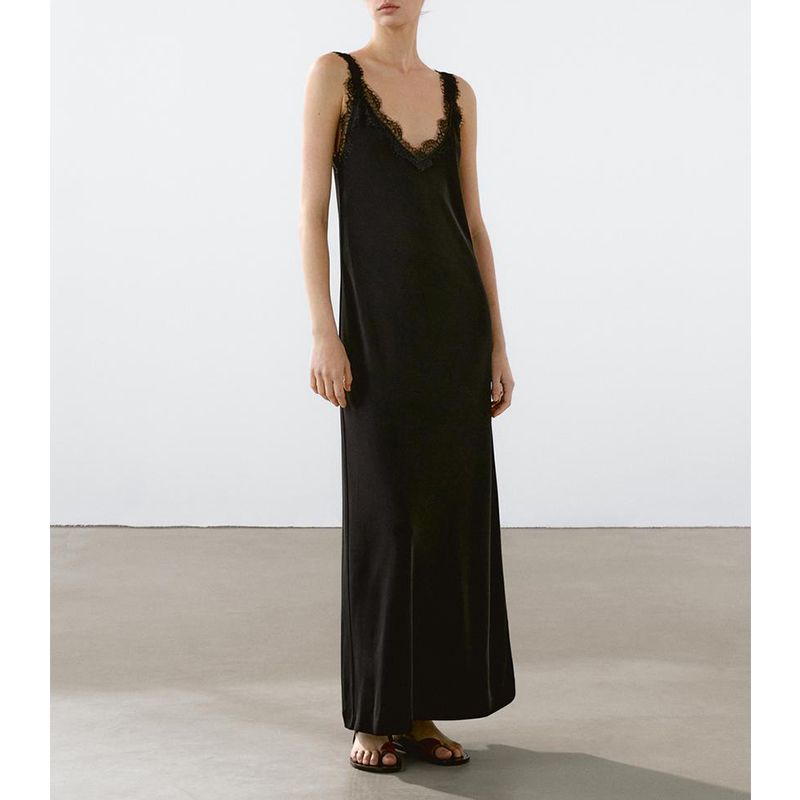 MD Summer New Arrival Women's Black Sexy Lace Neckline Elegant Long V Neck Vest Dress 6657805