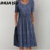 IHUASU 30 Color Pleated Midi Dress Short Sleeve Round Neck Loose Hem Mid-Calf Length Women Floral A-Line Party Dress Casual Wear