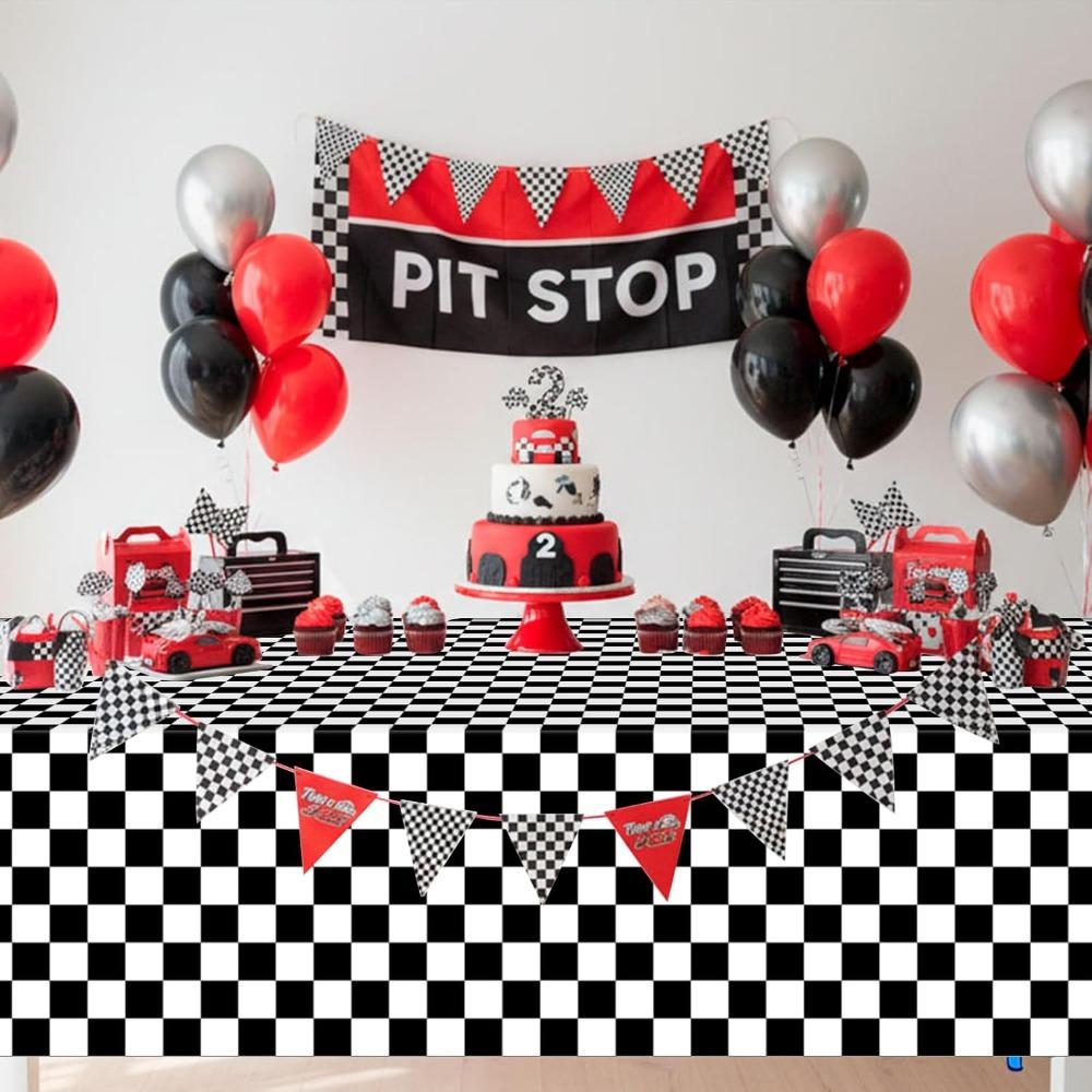 3pcs Race Car Checkered Plastic Tablecloth Black and White Racing Table Cover Disposable Cars Table Cloth for Car Theme Birthday Party Supplies