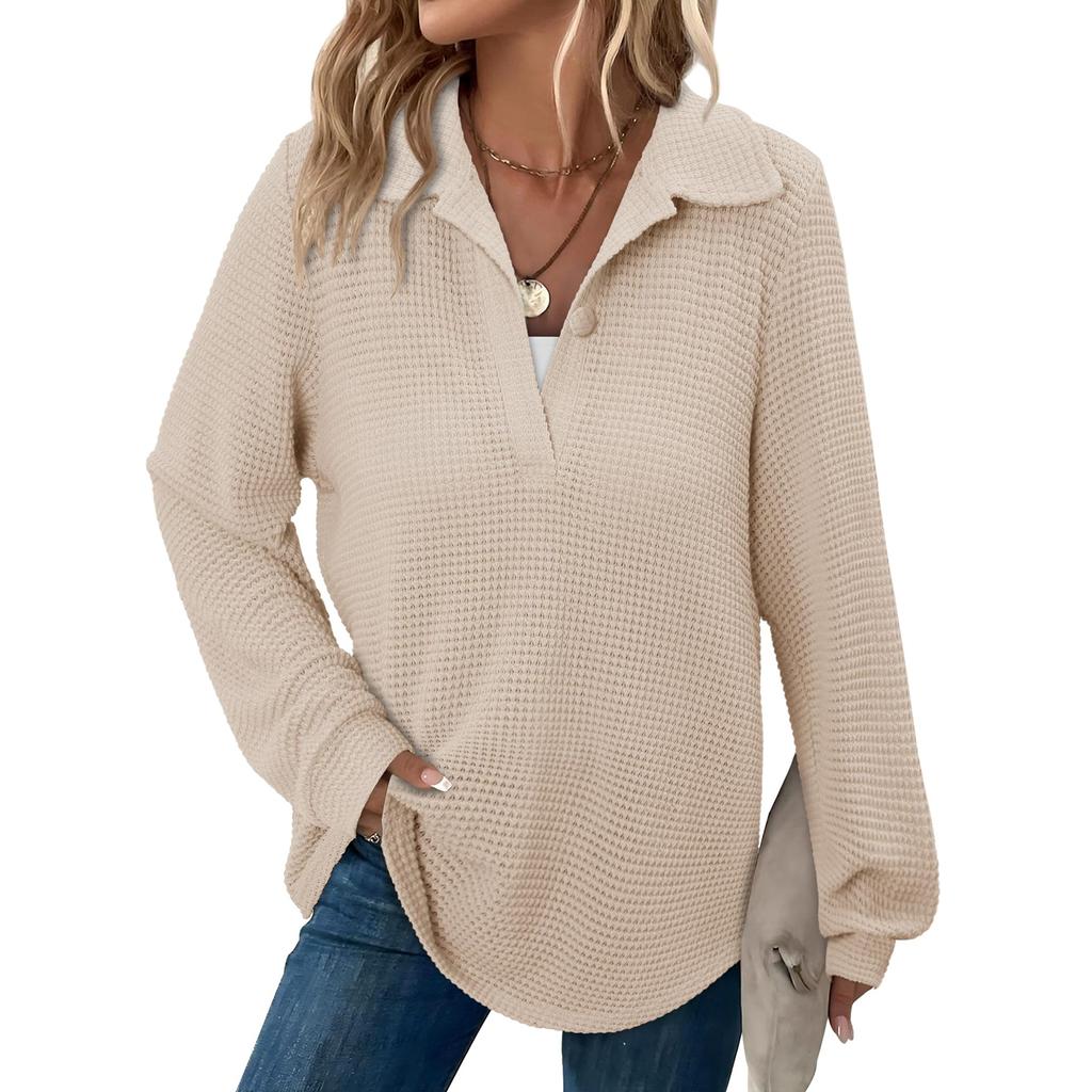 Women's Long-sleeved Waffled Knit Top, Winter V-neck, Casual, Stylish, Solid Color Top
