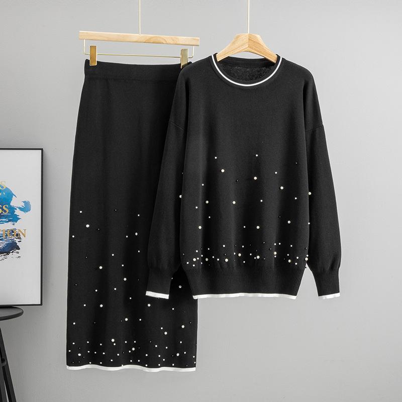 Autumn and Winter Fashion High-waisted Loose Slimming Beaded Knitted Top Half-length Set of Two Pieces