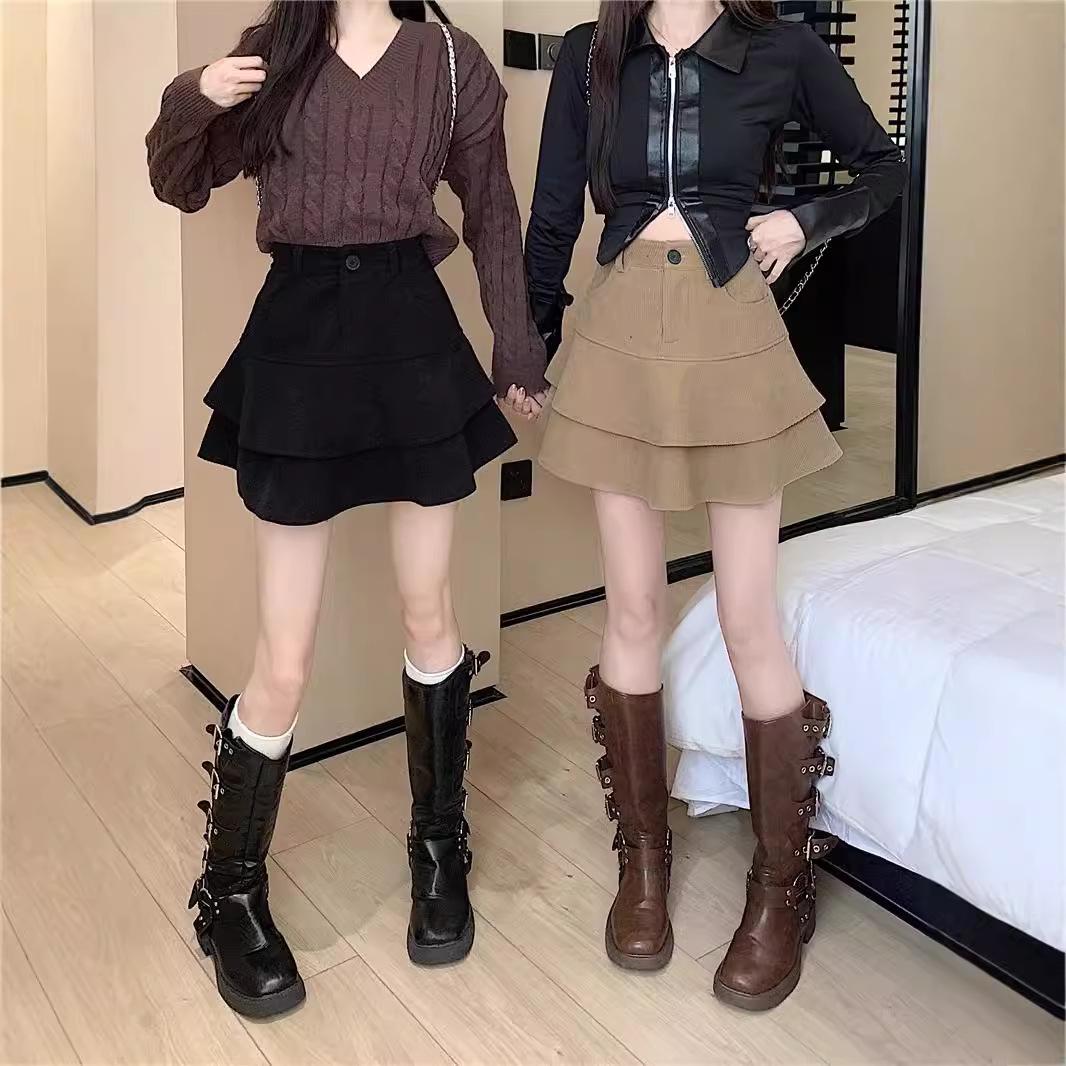 

Women s 2024 High-Waisted Corduroy Ruffle A-Line Midi Skirt in Coffee Color - Autumn/Winter Fishtail/Puffy Design S (81-90 lbs) чорний