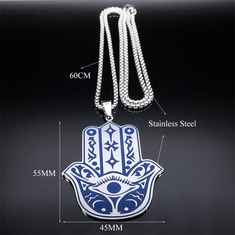 Collier Main de Fatima Hamsa pour Femmes Hommes Acier Inoxydable Couleur Bleue Œil de Turquie Poisson Grand Pendentif Collier Bijoux collier