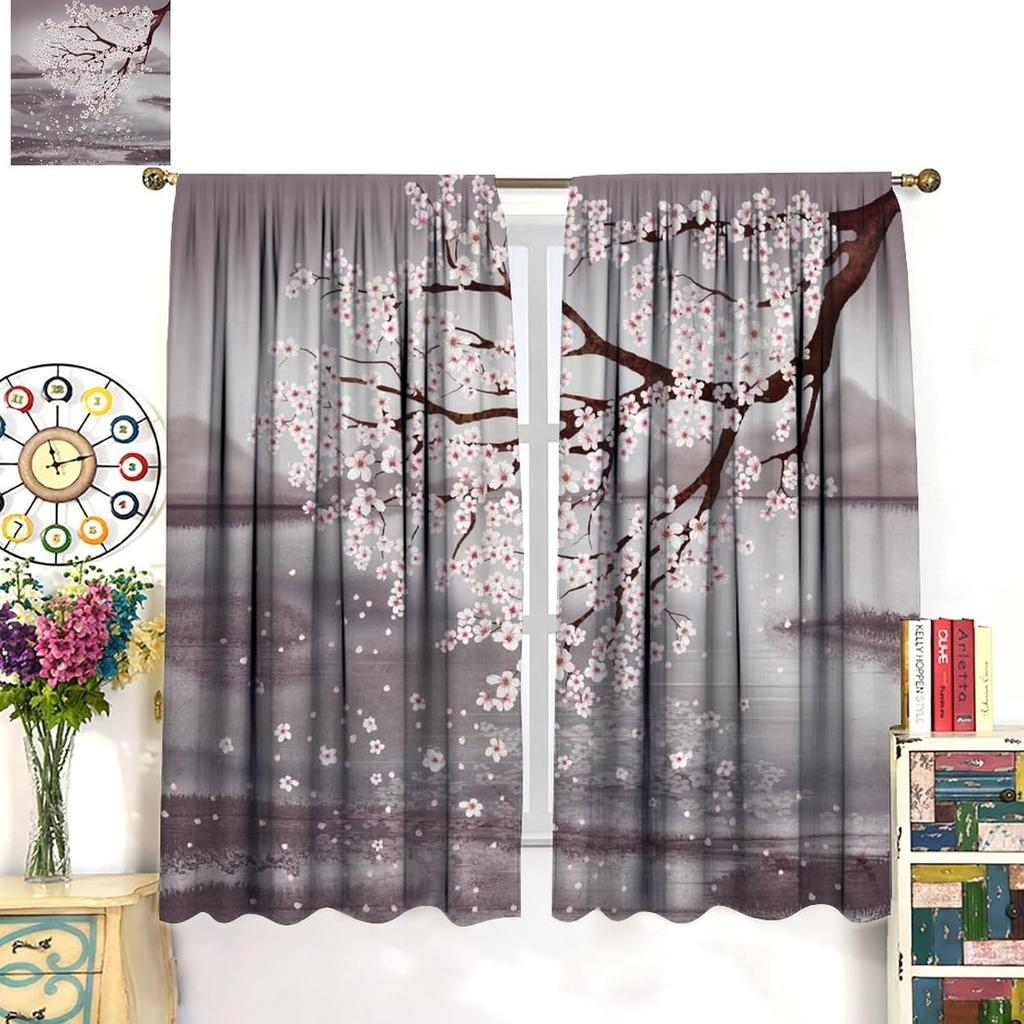 Cherry Blossom Windows Curtains  Japanese Traditional Retro Cherry Blossom  Mountain and Lake Watercolor Landscape Home Decor for