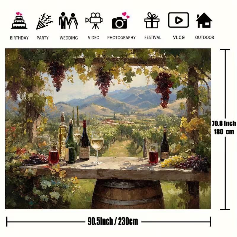 2D Tuscan Winery Backdrop Rustic Wine Table with Grapes and Mountain View for Party Decoration