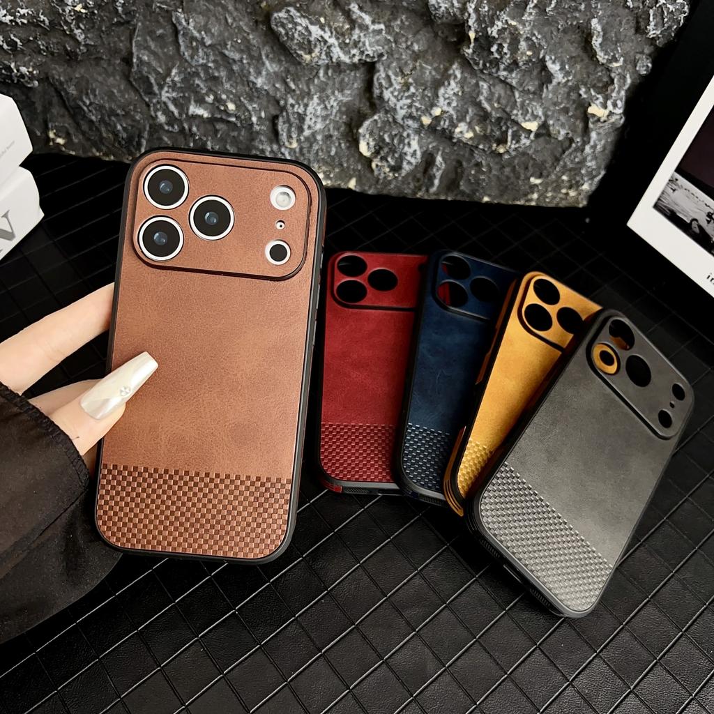 For iPhone 17 Pro Max Case Grid Texture PU Leather Coated PC TPU Phone Cover