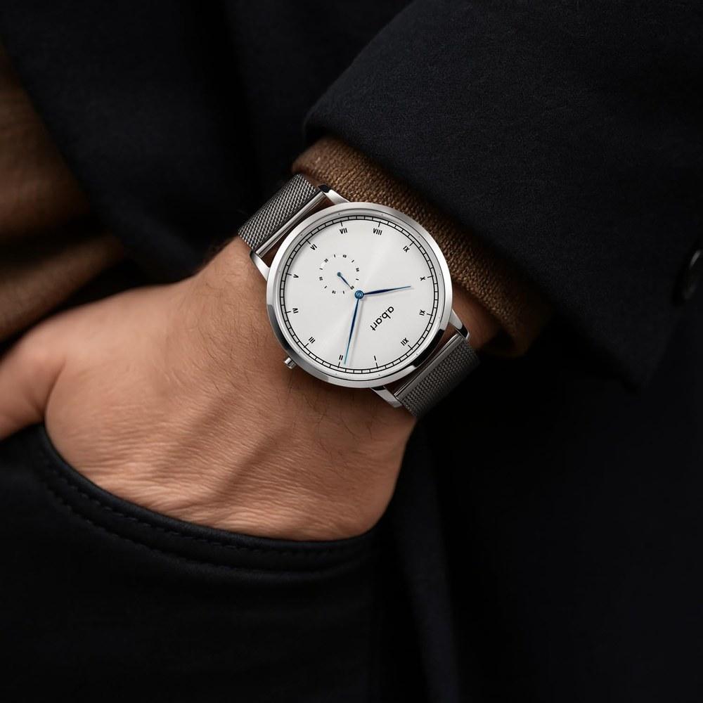 a.b.art Men's Watch Small Seconds Swiss Ronda Quartz Sapphire Crystal Classic Railways Dial Silver Milanese Bracelet Ultra-Thin Stainless Steel Case