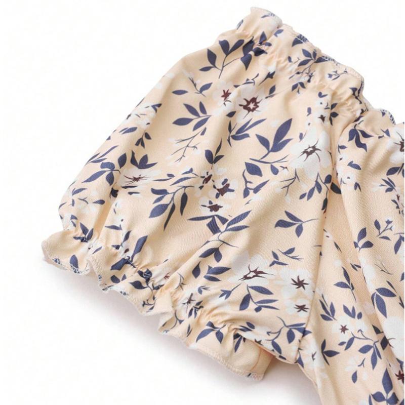 Women Summer Lantern Sleeve Ruffles V Neck Floral Printed One Piece Dress