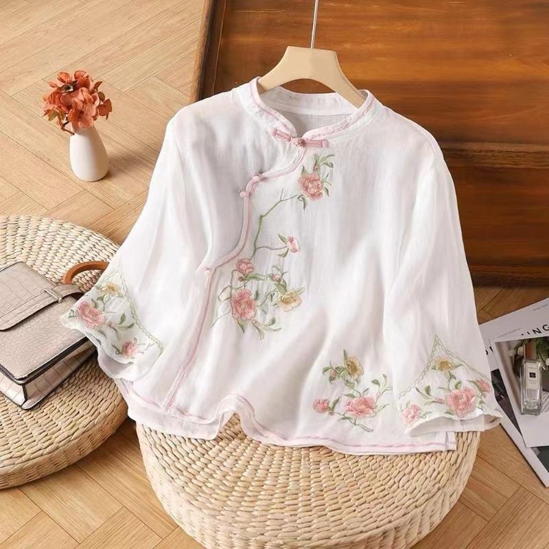 Damen S Vintage Chinesischer Stil Leinen Baumwolle 3/4 Ärmel Hemd