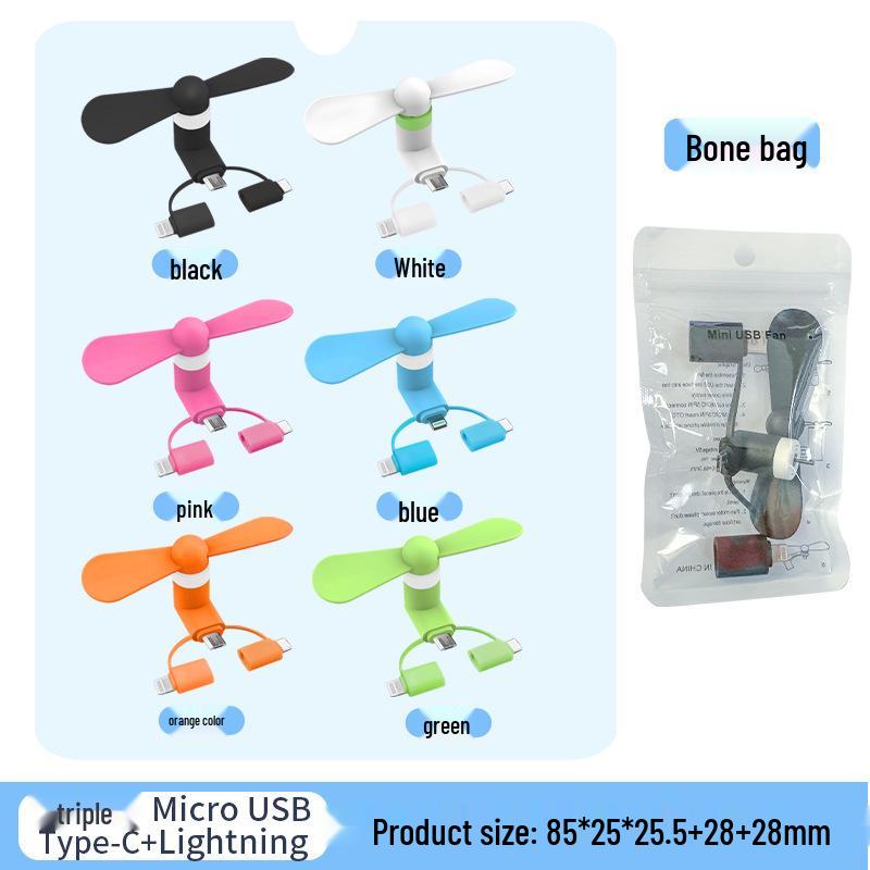 Three-in-One Portable USB Mobile Phone Fan for Apple, Android, and Type-C Devices