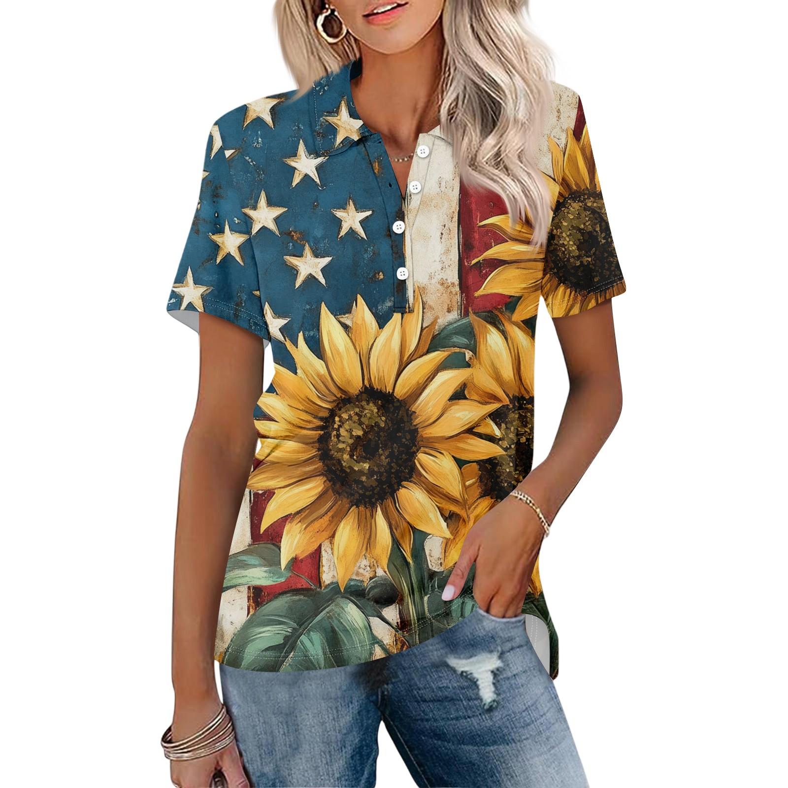 Women s Fashion Lapel Short Sleeve Printed Button Top L