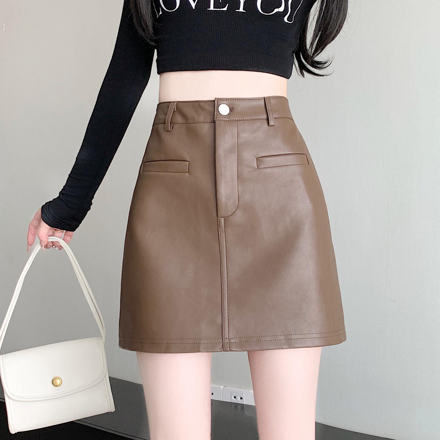 

Осень 2025 Ретро Юбка миди А-силуэта из искусственной ПУ кожи с высокой талией - Облегающая юбка-бодикон для миниатюрных женщин 3XL кофейный