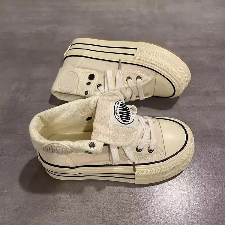 Moda Novo Feminino Cano Alto Lona Tênis de Skate Exterior Flangeado Tênis Duplo Propósito Botas Curtas Sola Grossa Altura Aumentada Cadarço