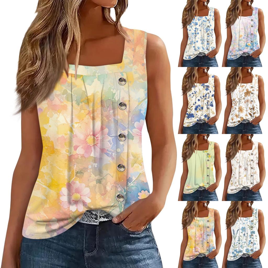 Women's Fashion Casual Basic Pleated Plain Button Square Collar Sleeveless Vest Print Summer Tank Tops