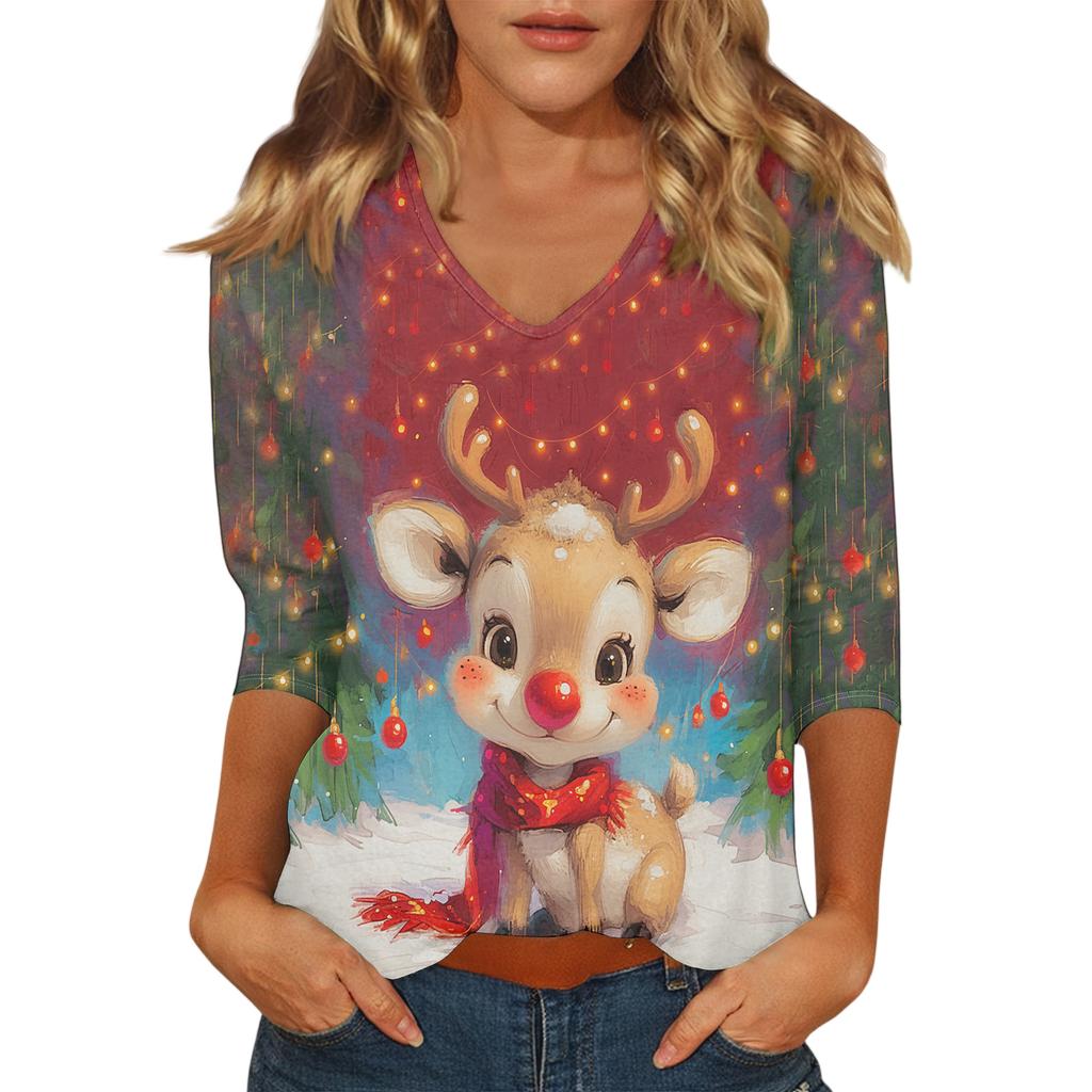 Dámský vánoční potištěný módní ležérní top se sedmiosminovými rukávy a výstřihem do V