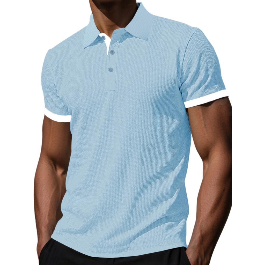 Men's Color Block Shirt Collar Short Sleeve T-shirts, Summer Casual Tops