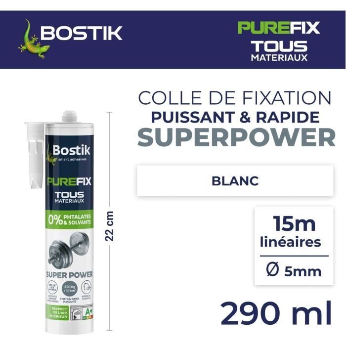 Mastic de Fixation BOSTIK Purefix Super Power Objets Lourds - Tous Matériaux - Sans Solvant ni Phtalates - Cartouche 450 g