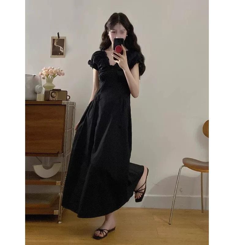 French Hepburn Style Bubble Sleeves V-neck Summer Dress High-end Temperament Women's Waist A-word Long Dress Wholesale