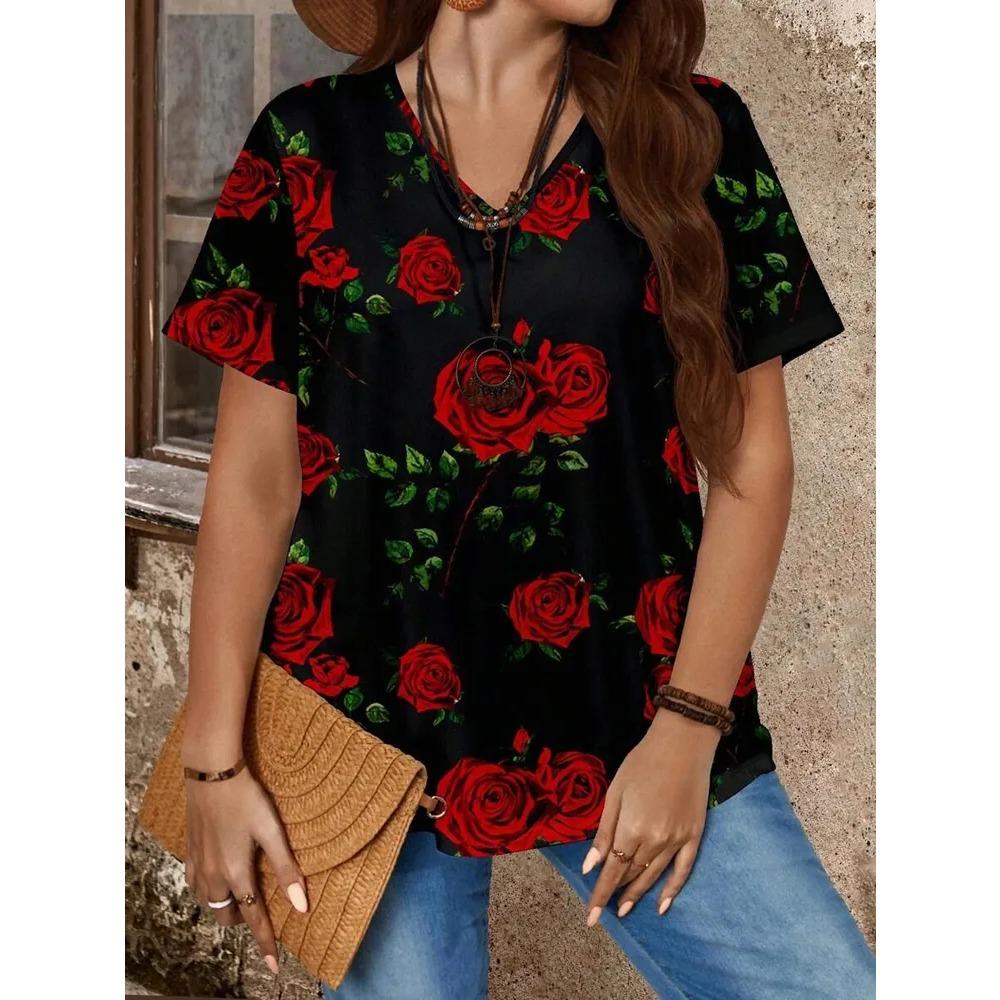 Summer V-neck Flower Pattern 3D Printed Top Fashionable Casual Short Sleeved Plus Size Women's T-shirts