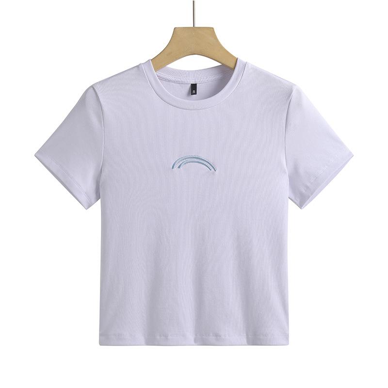 Rainbow Embroidered Short-sleeved Women's T-shirt with Small Round Neck, Simple and Fashionable High-waisted Short Top for Women, Versatile Top