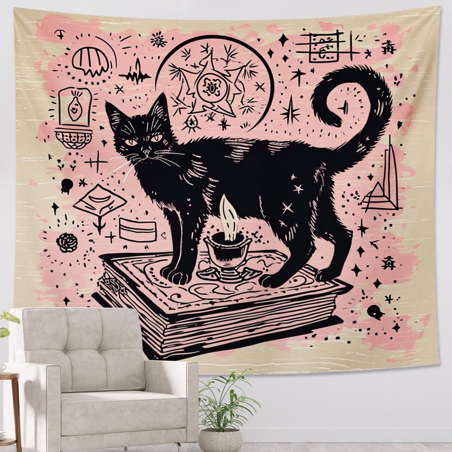 Mystic Witch Cat Tapestry Occult Symbols Vintage Pink Splash Background Wall Blanket for Dorm Aesthetic Decor 100X70CM