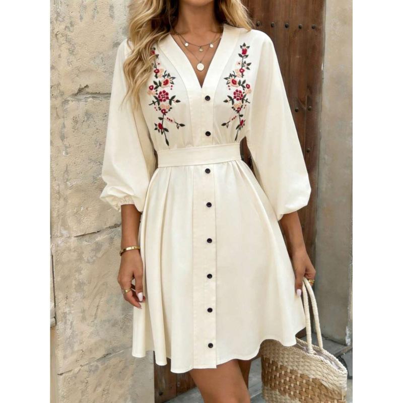 European Summer Fashion Temperament Vacation Style Embroidery Waist V Neck Long Sleeve Short Dress Women