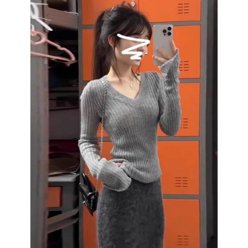 Premium Gray Neck Sweater Women's Lazy Style Knitted Bottoming Shirt Spring Slim and Thin Inner Top