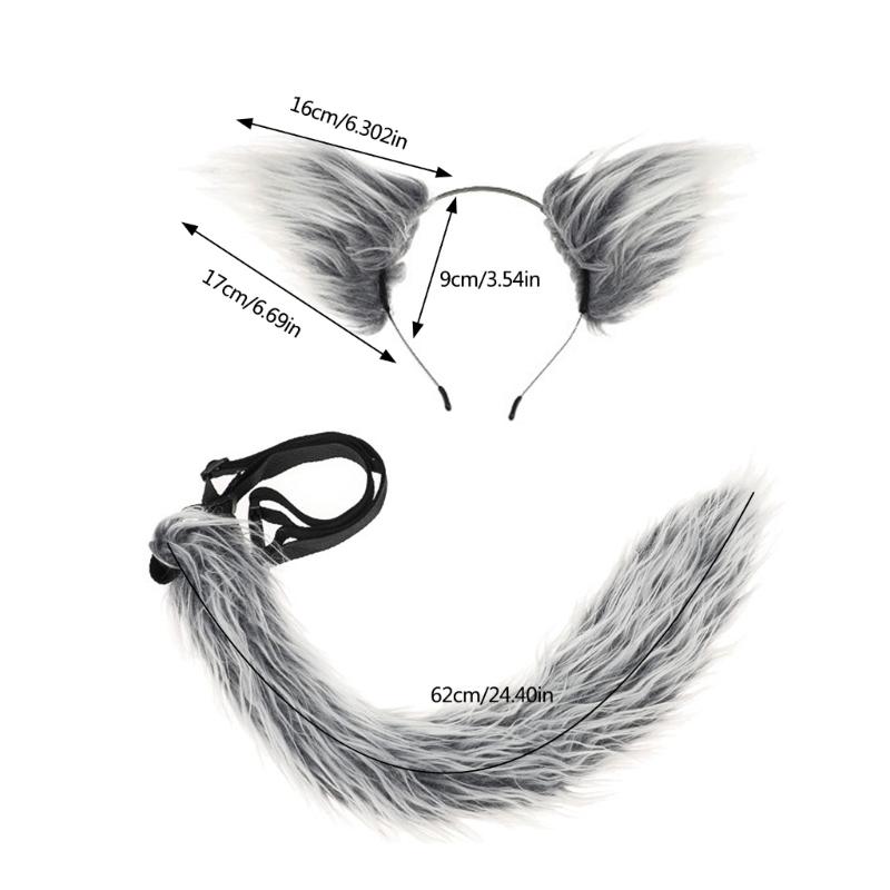Wolf Tail Adjustable Belt Foxes Ears Hairband Plush Animal Tail Halloween Cosplay Accessories for Carnivals Parties