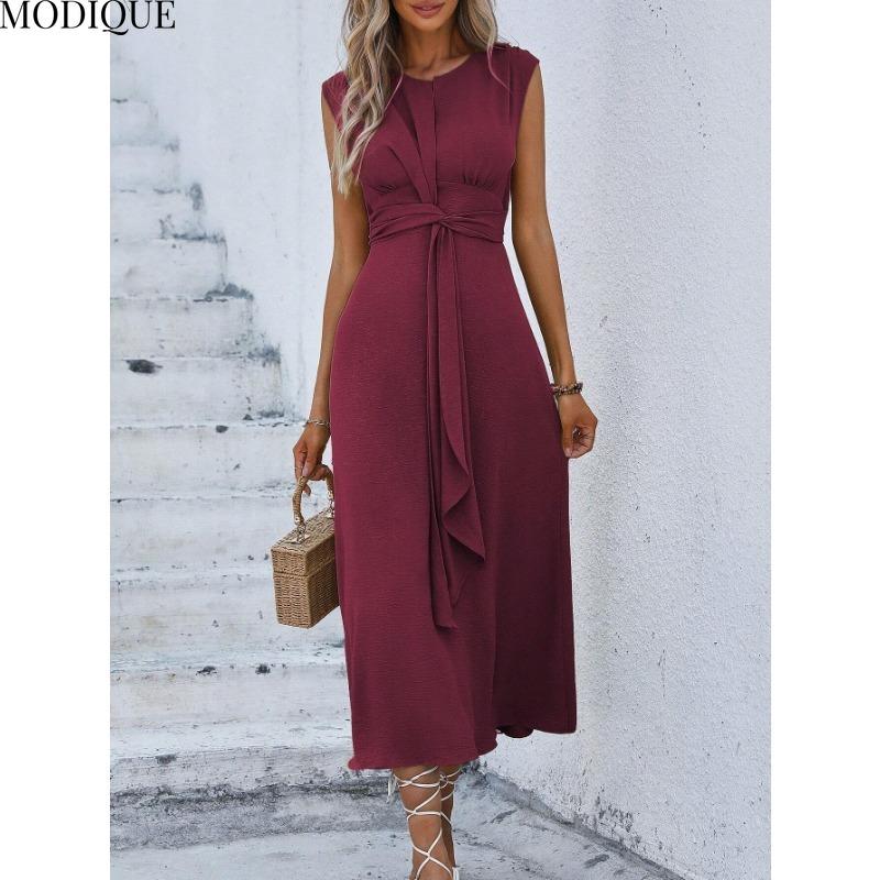 MODIQUE 2025 Summer Plus Size New Women's Casual Solid Color Off Shoulder Elastic Waist Sleeveless O-Neck Long Dress