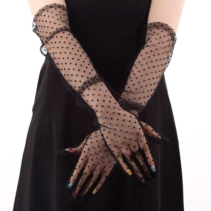 1-4Pair Fashion Women Black White Dot Lace Long Tulle Gloves Bride Wedding Stretchy Full Finger Transparent Thin Lady Mesh Glove
