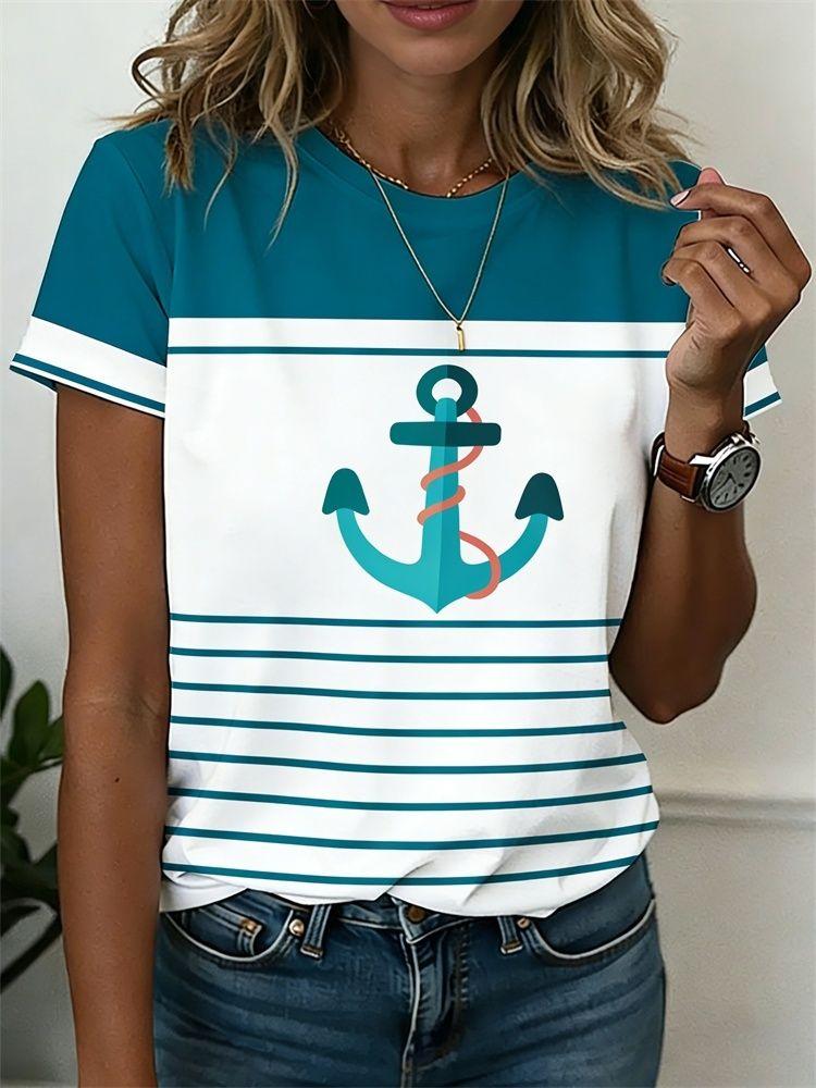 Summer Anchor Stripe 3D Print T-Shirts Women Casual Short Sleeve Round Neck T Shirt Harajuku Y2K Tees Top Female Street Clothing