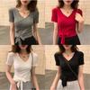 Solid Color Short-sleeved T-shirt Women's 2025 Summer Half-sleeved V-neck T-shirt Bow Lace-up Design Top
