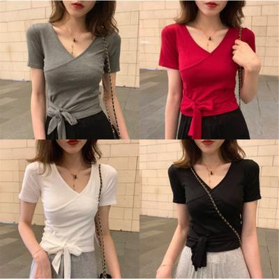 Solid Color Short-sleeved T-shirt Women's 2025 Summer Half-sleeved V-neck T-shirt Bow Lace-up Design Top