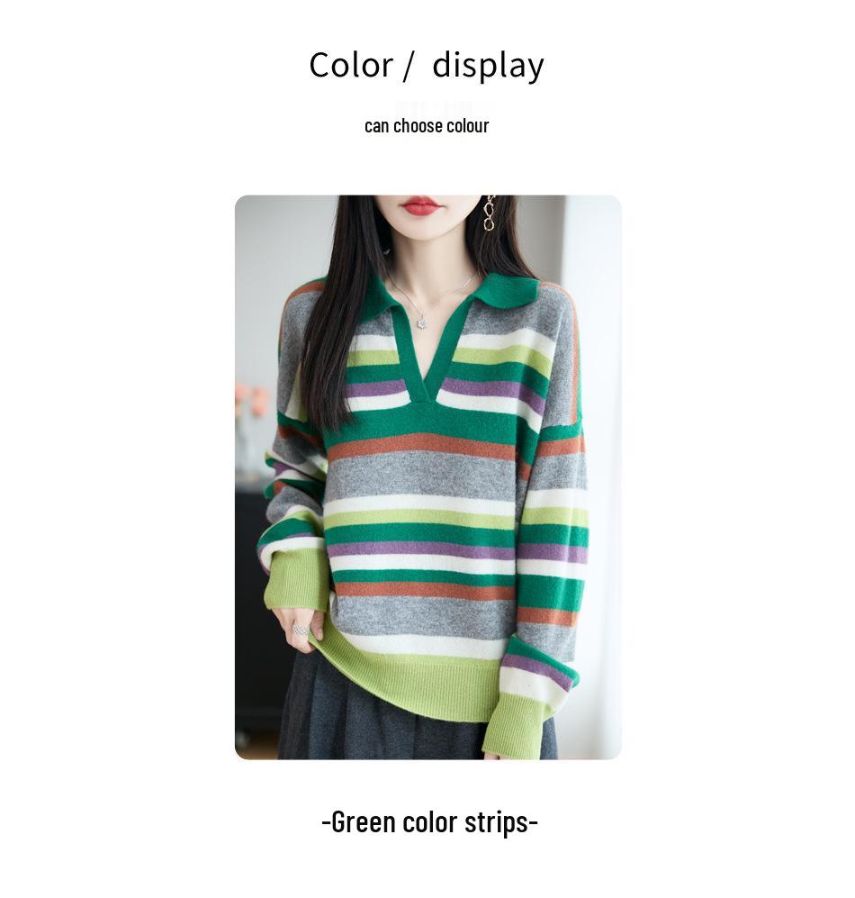 Women's Retro Striped Cashmere Wool Polo Sweater - Soft Long Sleeve Knitwear