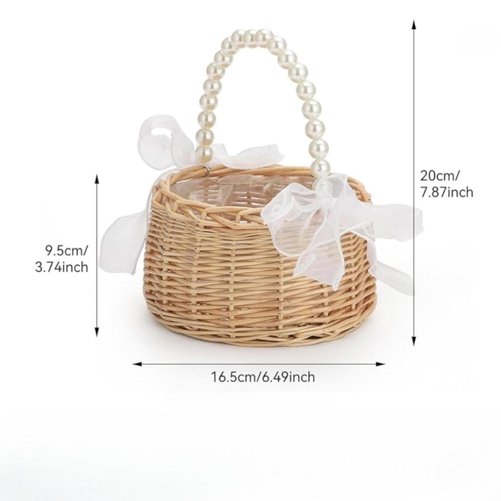 Elegant Wedding Flower Girl Basket with Pearl Handle and Ribbon Bow, Bowknot Satin Flower Basket for wedding, Rustic Handwoven Wicker Flower,  (1PCS)