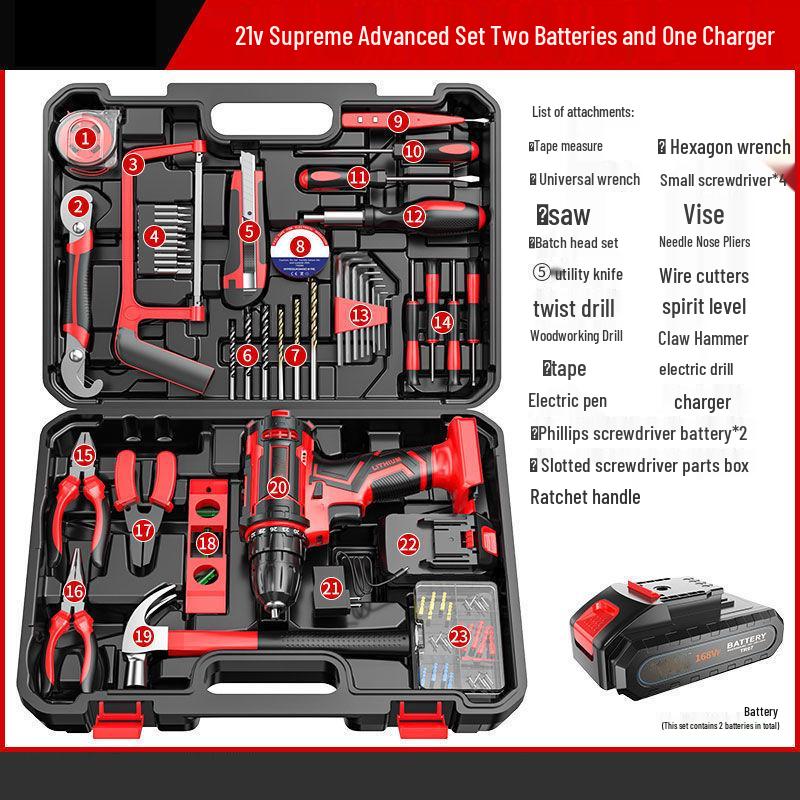 Cordless Lithium Battery Drill Hand Tool Set for Electricians & Carpenters - Multifunctional Repair Kit with Tool Box