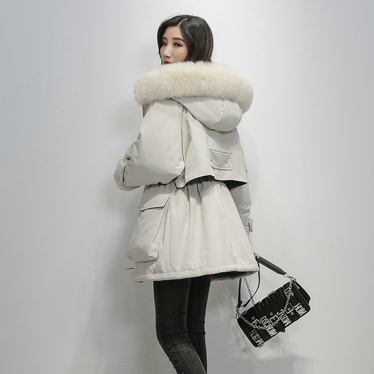 Large Faux Fur Hooded Winter Jacket Women Thick Parkas Warm Sash Tie Up Snow Coat