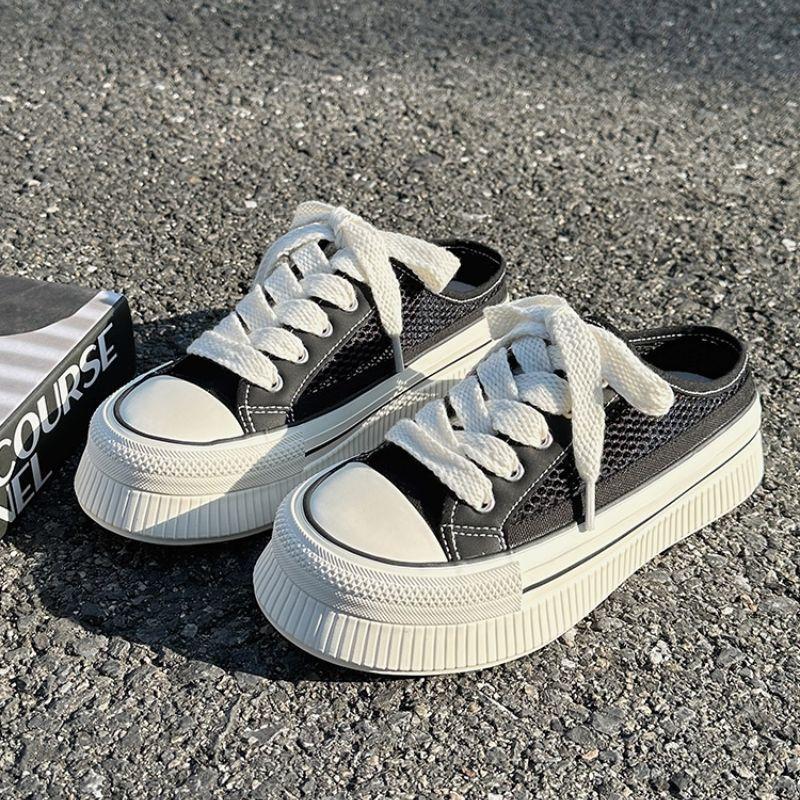 Rund tå tjocka damtofflor och damsandaler andningsbara mesh canvas skor utomhus 2025 trend stilfulla tofflor på rea