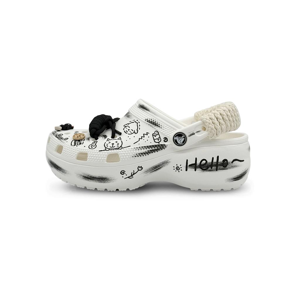 Crocs Classic Platform Clog Happy Graffiti EVA Cloud Cartoon Cute Hole Shoes Women's White